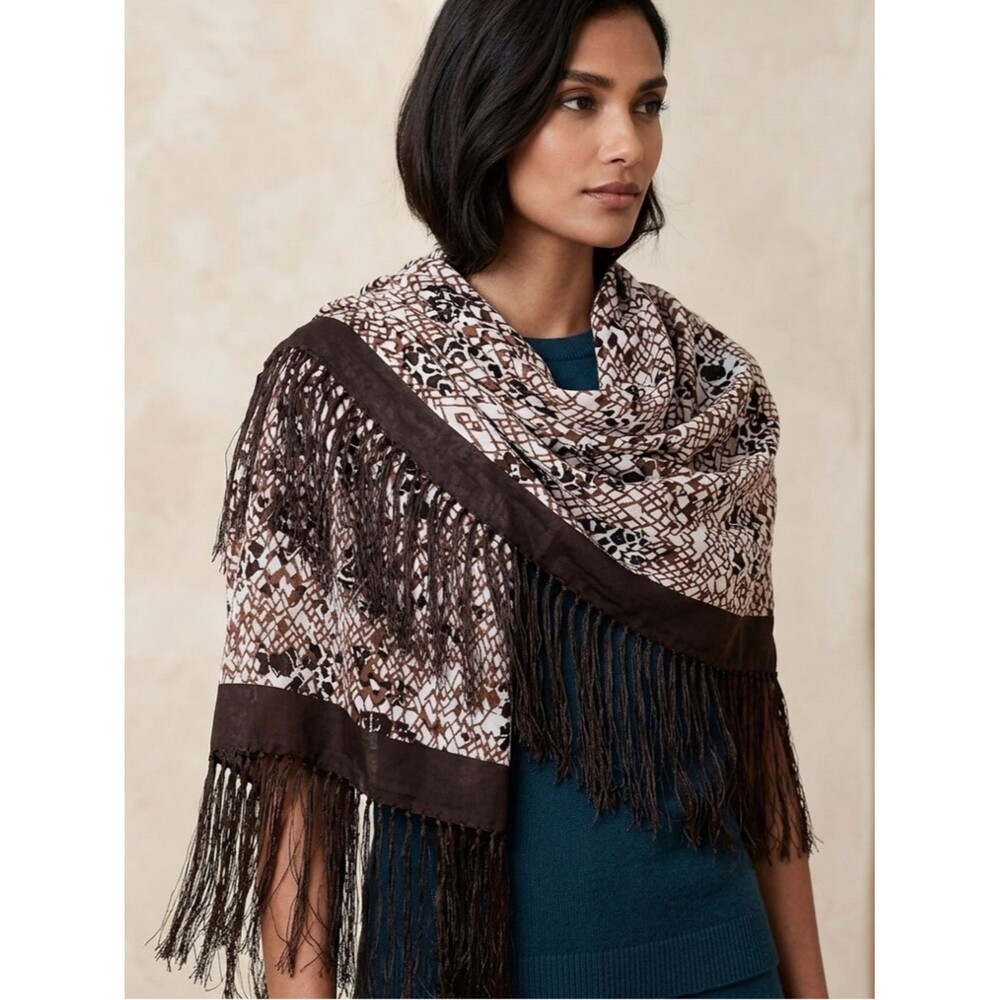 Doncaster 100% Silk Scarf Shawl Brown Geometric Print Long Tassel Fringe 74x21